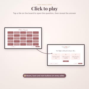 May include: A digital game interface titled You Aisle Love featuring a grid of numbered tiles labeled Pick a Scenario. A second screen displays a scenario question about a six-hour flight delay with three multiple-choice options A, B, and C.