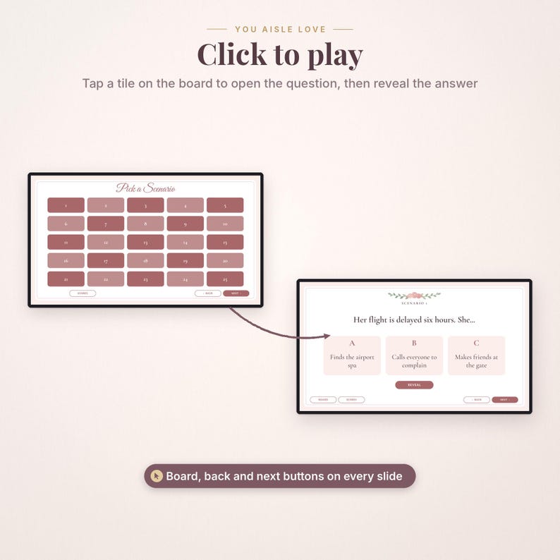 May include: A digital game interface titled You Aisle Love featuring a grid of numbered tiles labeled Pick a Scenario. A second screen displays a scenario question about a six-hour flight delay with three multiple-choice options A, B, and C.