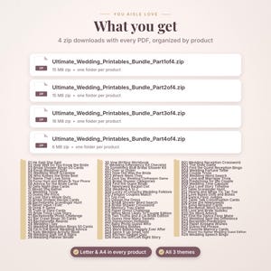May include: A digital product display showing four ZIP file downloads labeled Ultimate Wedding Printables Bundle Part 1 through 4. Below are three columns listing wedding game titles and a note stating Letter and A4 sizes are included.