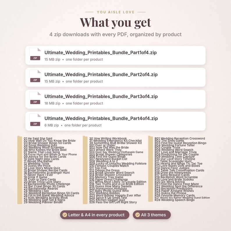 May include: A digital product display showing four ZIP file downloads labeled Ultimate Wedding Printables Bundle Part 1 through 4. Below are three columns listing wedding game titles and a note stating Letter and A4 sizes are included.