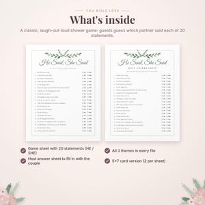 May include: Two white printed game sheets titled He Said, She Said with green leaf illustrations at the top. The sheets contain 20 numbered statements with checkboxes for He or She. Text includes What's inside, A classic, laugh-out-loud shower game.