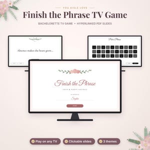 May include: A digital Finish the Phrase TV game featuring three screens with floral accents. The main screen displays the title, Love & Party Sayings, and the name Sophie. Other screens show game prompts and a numbered selection grid.