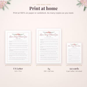 Pode incluir: Um conjunto de quiz sobre filmes de amor com detalhes florais. Inclui tr&ecirc;s formatos imprim&iacute;veis: US Letter de 8,5 por 11 polegadas, A4 de 210 por 297 mm e cart&otilde;es de 5 por 7 polegadas, dois por folha. O texto inclui Print at home.