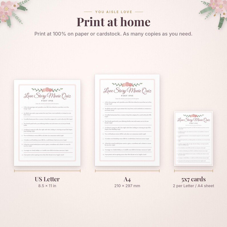 Pode incluir: Um conjunto de quiz sobre filmes de amor com detalhes florais. Inclui tr&ecirc;s formatos imprim&iacute;veis: US Letter de 8,5 por 11 polegadas, A4 de 210 por 297 mm e cart&otilde;es de 5 por 7 polegadas, dois por folha. O texto inclui Print at home.