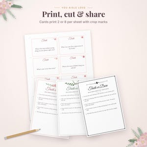 May include: A set of printable Truth or Dare bachelorette edition game cards on white paper with black text and floral accents. The cards feature instructions and questions, accompanied by a wooden pencil on a light background.