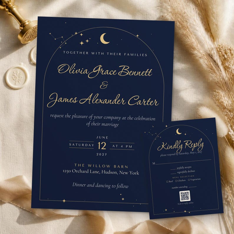 May include: A navy blue wedding invitation and RSVP card set featuring gold celestial motifs, including a crescent moon and stars. The text includes the names Olivia Grace Bennett and James Alexander Carter, the date June 12, 2027, and The Willow Barn location.