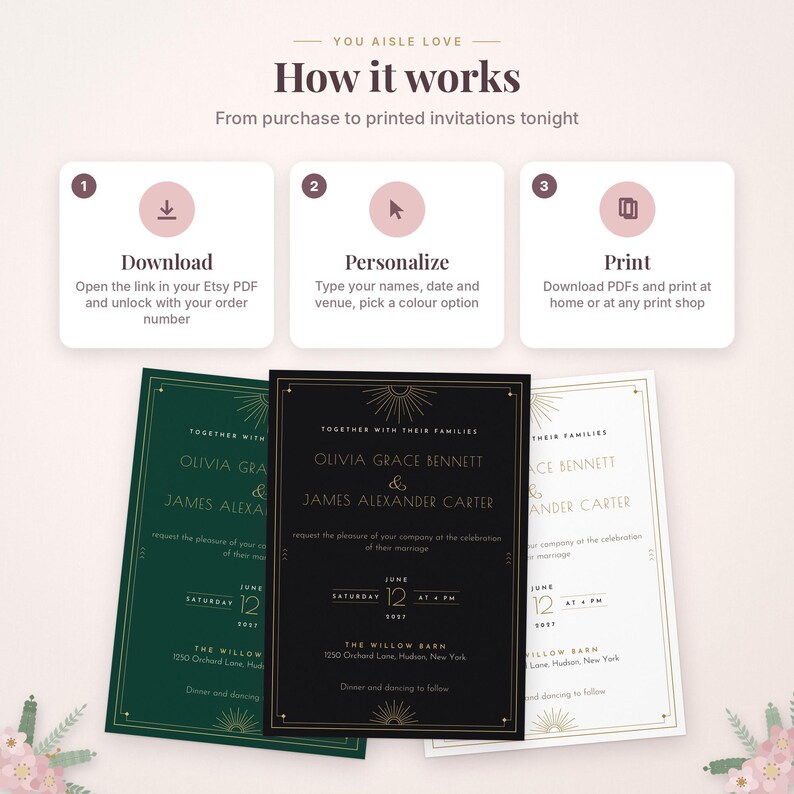 May include: An instructional graphic titled You Aisle Love How it works, detailing a three-step process: Download, Personalise, and Print. Below are three wedding invitation templates in dark green, black, and white with gold text.