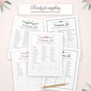 May include: A collection of white paper wedding day emergency kit checklists with black text and floral accents. The sheets feature columns for beauty, wardrobe, health, tools, and tech. A wooden pencil rests diagonally across the bottom page.