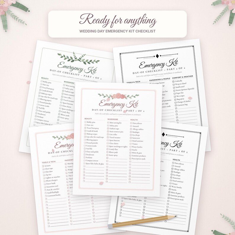 May include: A collection of white paper wedding day emergency kit checklists with black text and floral accents. The sheets feature columns for beauty, wardrobe, health, tools, and tech. A wooden pencil rests diagonally across the bottom page.