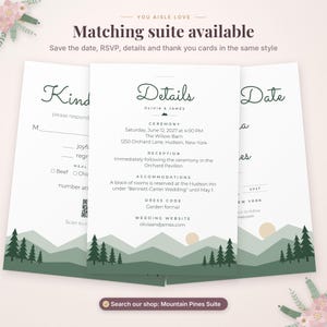 May include: Three white wedding stationery cards featuring a green mountain and pine tree landscape at the bottom. The center card displays text including Details, Olivia & James, ceremony information, and a garden formal dress code.