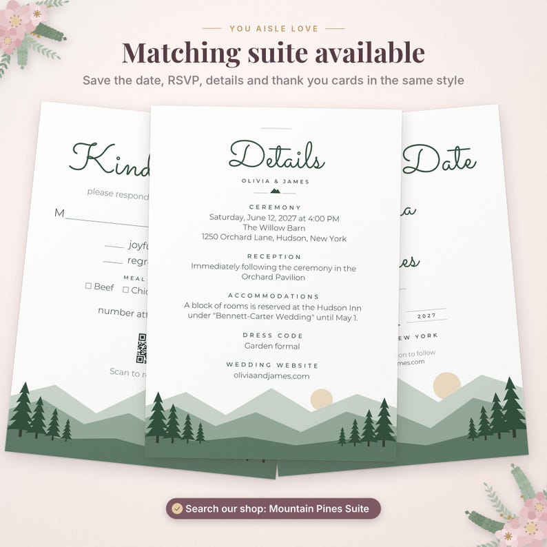 May include: Three white wedding stationery cards featuring a green mountain and pine tree landscape at the bottom. The center card displays text including Details, Olivia & James, ceremony information, and a garden formal dress code.