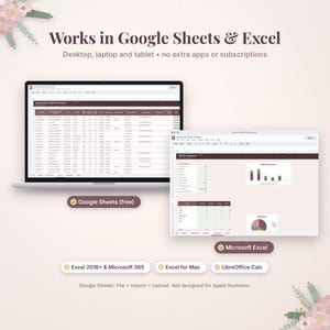 May include: A digital guest list and RSVP tracker spreadsheet displayed on two laptop screens. The interface features dark maroon headers, data tables, and summary charts. Text includes Works in Google Sheets & Excel, Google Sheets (free), Microsoft Excel, Excel 2016+ & Microsoft 365, Excel for Mac, LibreOffice Calc, and Google Sheets: File > Import > Upload. Not designed for Apple Numbers.