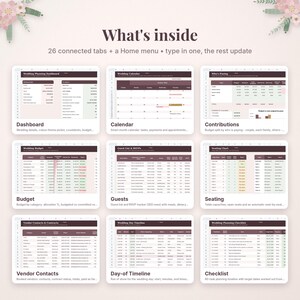 Puede incluir: Una plantilla de hoja de c&aacute;lculo digital para la organizaci&oacute;n de bodas con nueve secciones: Dashboard, Calendar, Contributions, Budget, Guests, Seating, Vendor Contacts, Day-of Timeline y Checklist, con el texto What's inside.