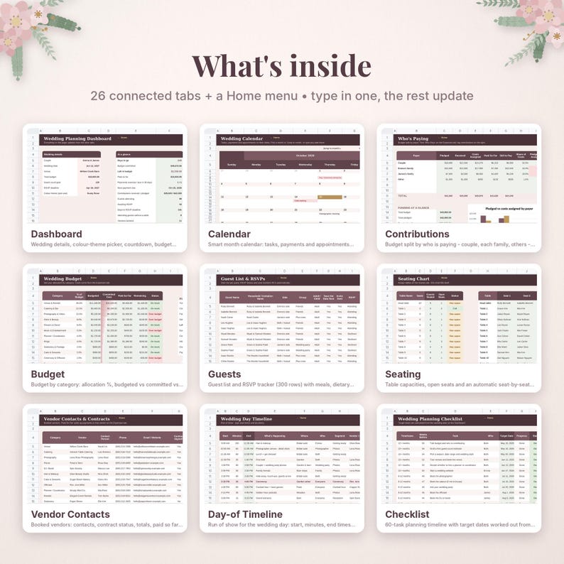 Puede incluir: Una plantilla de hoja de c&aacute;lculo digital para la organizaci&oacute;n de bodas con nueve secciones: Dashboard, Calendar, Contributions, Budget, Guests, Seating, Vendor Contacts, Day-of Timeline y Checklist, con el texto What's inside.