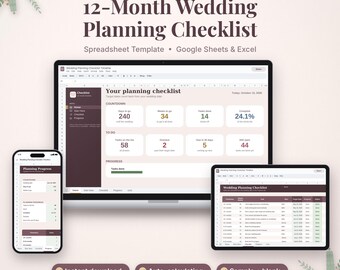 May include: A 12-Month Wedding Planning Checklist spreadsheet template for Google Sheets and Excel displayed on a laptop, smartphone, and tablet. The interface features dark maroon and light beige sections with data fields for countdowns, task lists, and progress tracking.