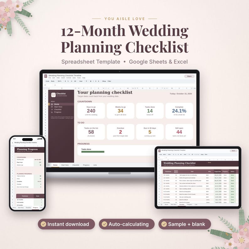 May include: A 12-Month Wedding Planning Checklist spreadsheet template for Google Sheets and Excel displayed on a laptop, smartphone, and tablet. The interface features dark maroon and light beige sections with data fields for countdowns, task lists, and progress tracking.