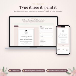 K&ouml;nnte beinhalten: Ein Laptop und ein Smartphone zeigen einen digitalen Editor f&uuml;r Hochzeitseinladungen. Auf dem Bildschirm steht der Text "Heirloom Monogram Wedding Invitation" und "Type it, see it, print it." Die Benutzeroberfl&auml;che enth&auml;lt Felder f&uuml;r Namen, Daten und Themenauswahloptionen.