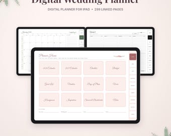 May include: A digital wedding planner for iPad featuring 299 linked pages, compatible with GoodNotes and Notability. The interface displays a home screen with navigation tabs, calendar views, and task sections in a soft pink and white color scheme.