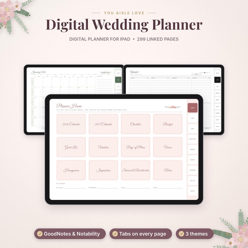 May include: A digital wedding planner for iPad featuring 299 linked pages, compatible with GoodNotes and Notability. The interface displays a home screen with navigation tabs, calendar views, and task sections in a soft pink and white color scheme.