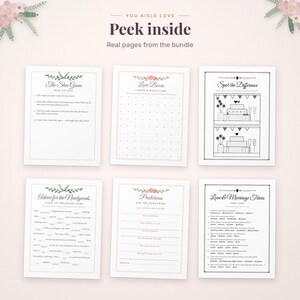 May include: A collection of six printable wedding game sheets titled You Aisle Love, featuring The Shoe Game, Love Boxes, Spot the Difference, Advice for the Newlyweds, Predictions, and Love & Marriage Trivia with floral accents.
