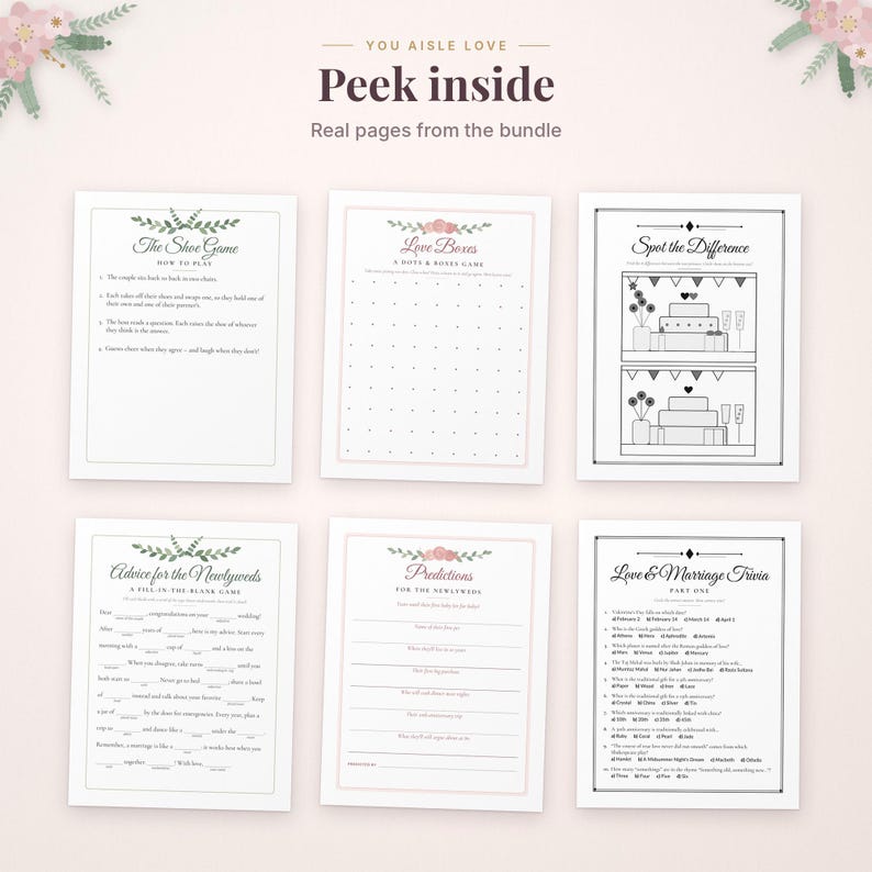 May include: A collection of six printable wedding game sheets titled You Aisle Love, featuring The Shoe Game, Love Boxes, Spot the Difference, Advice for the Newlyweds, Predictions, and Love & Marriage Trivia with floral accents.