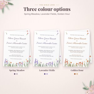 May include: Three wedding invitation cards with the text You Aisle Love and Three colour options. The designs are titled Spring Meadow, Lavender Fields, and Golden Hour, featuring floral illustrations at the bottom and wedding details.
