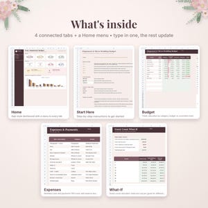 Puede incluir: Una plantilla digital de planificador de presupuesto de bodas con cinco secciones distintas: panel de control de inicio, instrucciones de inicio, resumen de presupuesto, seguimiento de gastos y calculadora de invitados.