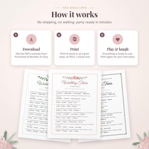 May include: A digital wedding trivia game set featuring three white paper sheets with black text and floral accents. The top section displays a three-step instructional guide titled How it works, with icons for downloading, printing, and playing.