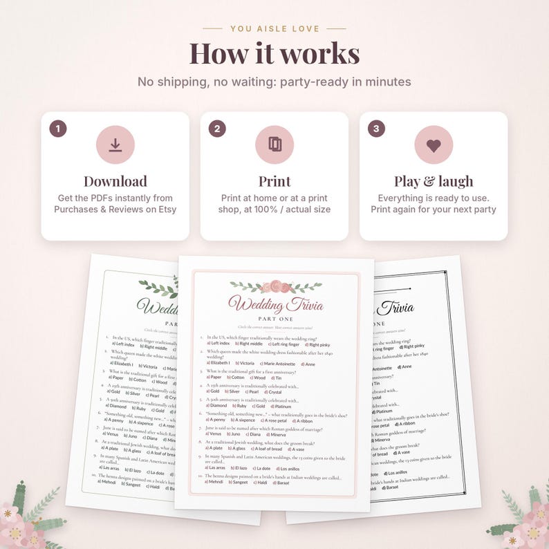 May include: A digital wedding trivia game set featuring three white paper sheets with black text and floral accents. The top section displays a three-step instructional guide titled How it works, with icons for downloading, printing, and playing.