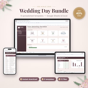 May include: A digital wedding planning bundle featuring six spreadsheet templates for Google Sheets and Excel. The display shows a planning checklist, a photo shot list on a smartphone, and a timeline summary on a tablet screen.