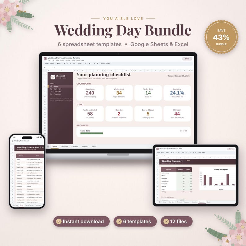 May include: A digital wedding planning bundle featuring six spreadsheet templates for Google Sheets and Excel. The display shows a planning checklist, a photo shot list on a smartphone, and a timeline summary on a tablet screen.