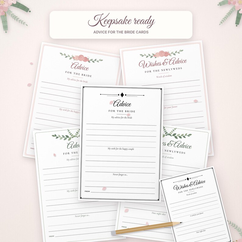 May include: A collection of white paper cards for wedding advice and wishes, featuring floral accents in pink and green. The cards include printed text such as Keepsake ready, Advice for the bride, and Wishes & Advice for the newlyweds, with lined sections for writing.