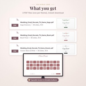 May include: Three PDF files titled Wedding_Emoji_Decode_TV_Game in Sage Greenery, Blush Floral, and Classic Black & White themes. A computer monitor displays a Pick a Puzzle screen with numbered boxes and clickable buttons.