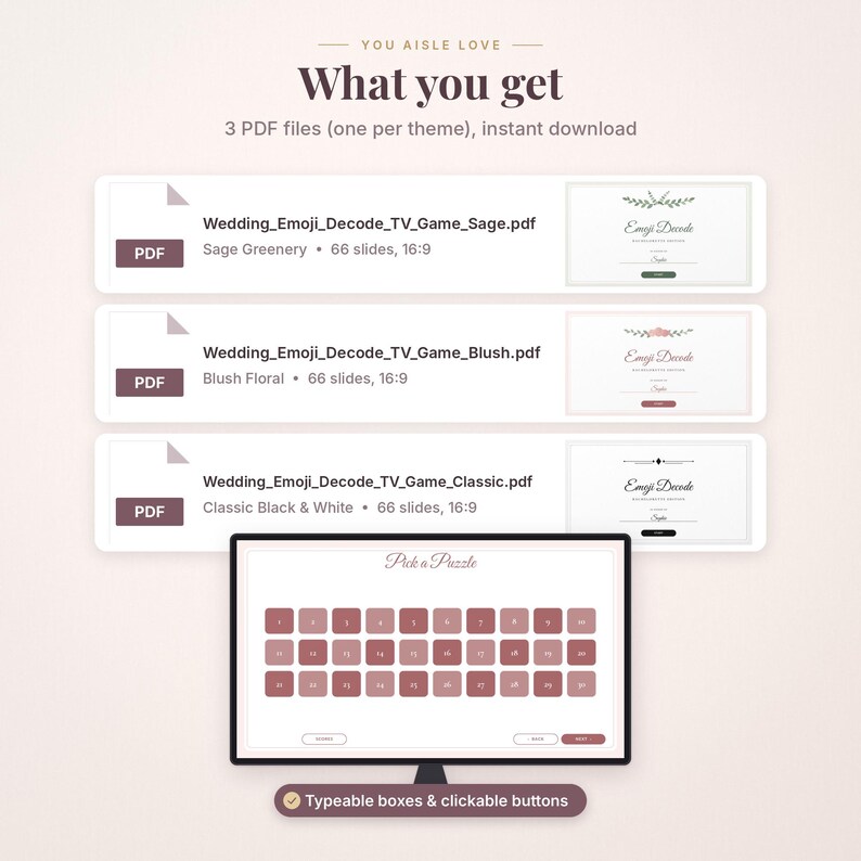 May include: Three PDF files titled Wedding_Emoji_Decode_TV_Game in Sage Greenery, Blush Floral, and Classic Black & White themes. A computer monitor displays a Pick a Puzzle screen with numbered boxes and clickable buttons.