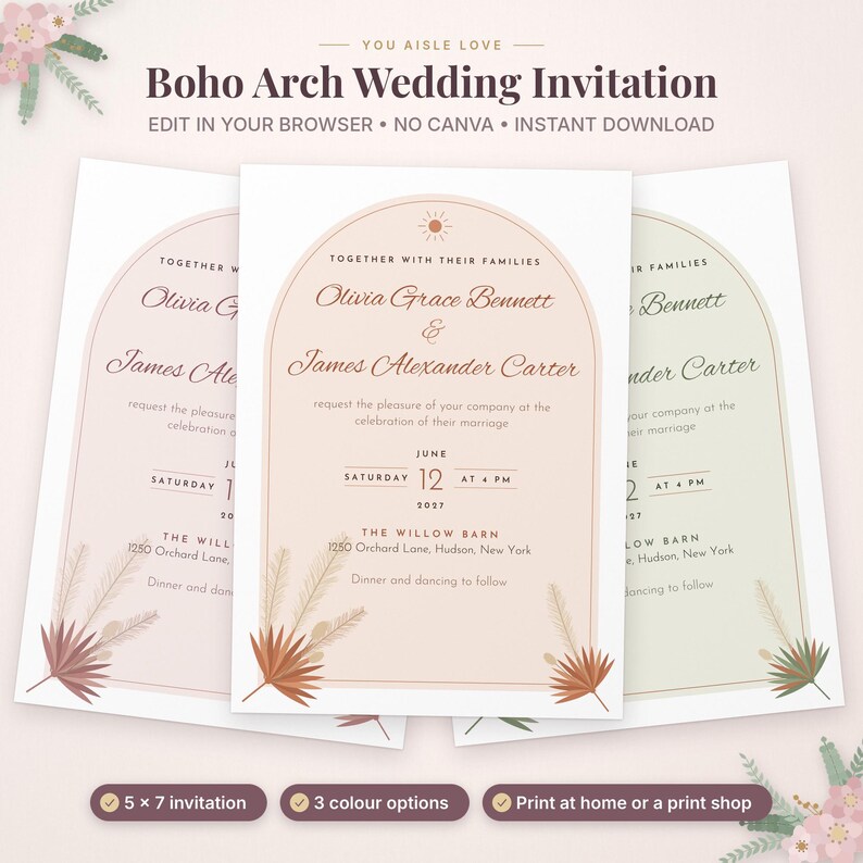 May include: A digital wedding invitation template featuring an arched design with text reading Olivia Grace Bennett and James Alexander Carter, including date and location details, decorated with botanical illustrations in muted tones.