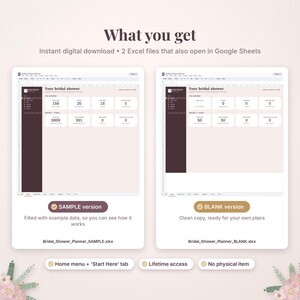 May include: Two digital bridal shower planner spreadsheets in Excel format. One version is pre-filled with sample data, and the other is a blank template. Both feature a dark sidebar, a dashboard with budget and task tracking, and clear headings.