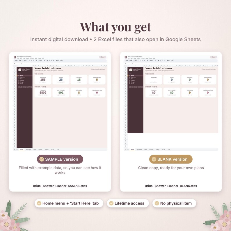 May include: Two digital bridal shower planner spreadsheets in Excel format. One version is pre-filled with sample data, and the other is a blank template. Both feature a dark sidebar, a dashboard with budget and task tracking, and clear headings.