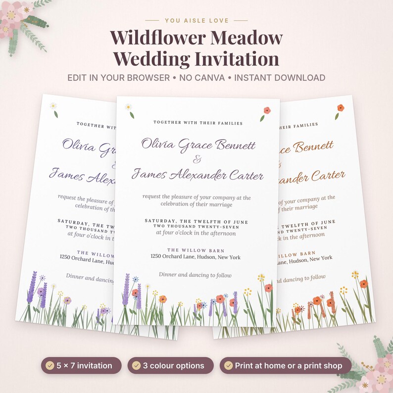 May include: Three wedding invitation cards with white backgrounds, featuring the text Wildflower Meadow Wedding Invitation and floral illustrations of lavender, daisies, and poppies at the bottom. The cards display names, dates, and venue details.