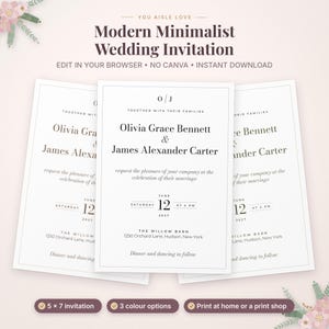 May include: A white wedding invitation card with black serif text featuring the names Olivia Grace Bennett and James Alexander Carter, the date June 12, 2027, and the location The Willow Barn, 1250 Orchard Lane, Hudson, New York.