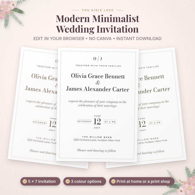 May include: A white wedding invitation card with black serif text featuring the names Olivia Grace Bennett and James Alexander Carter, the date June 12, 2027, and the location The Willow Barn, 1250 Orchard Lane, Hudson, New York.
