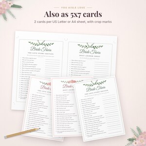 May include: A set of printable Bride Trivia game cards with floral accents. The text reads Bride Trivia The Love Story Edition and Host Answer Sheet. The cards are displayed in a 5x7 format with crop marks, accompanied by a wooden pencil.