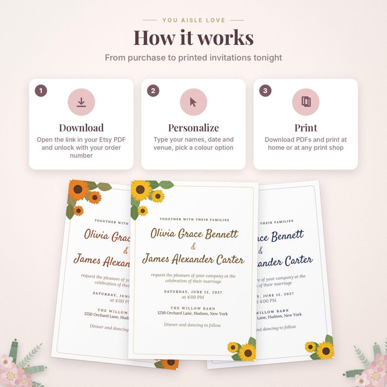 Puede incluir: Un gr&aacute;fico instructivo titulado How it works con tres pasos: Download, Personalize y Print. Debajo hay tres plantillas de invitaciones de boda con ilustraciones de girasoles y texto para Olivia Grace Bennett y James Alexander Carter.
