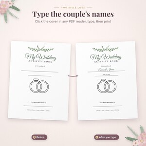 May include: Two white wedding activity book covers with green leaf illustrations, black text reading My Wedding Activity Book, and a line drawing of two interlocking rings. The text includes instructions to type names and print.