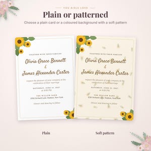 Puede incluir: Dos tarjetas de invitaci&oacute;n de boda con ilustraciones de girasoles. La tarjeta de la izquierda tiene un fondo blanco liso, mientras que la de la derecha tiene un fondo con un patr&oacute;n suave. Ambas muestran el texto: Olivia Grace Bennett & James Alexander Carter.