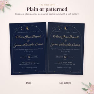 May include: Two navy blue wedding invitation cards with gold text and celestial motifs. The cards feature an arched frame, a crescent moon, and stars. Text includes names Olivia Grace Bennett and James Alexander Carter, date June 12, 2027, and venue The Willow Barn, 1290 Orchard Lane, Hudson, New York.