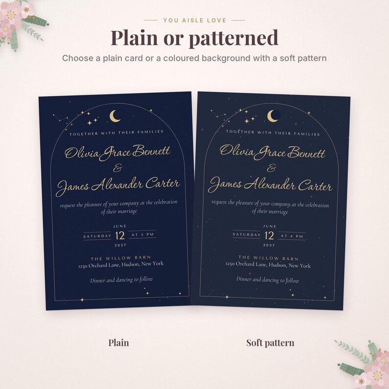 May include: Two navy blue wedding invitation cards with gold text and celestial motifs. The cards feature an arched frame, a crescent moon, and stars. Text includes names Olivia Grace Bennett and James Alexander Carter, date June 12, 2027, and venue The Willow Barn, 1290 Orchard Lane, Hudson, New York.