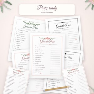 May include: A collection of printed party game sheets titled Guess the Price, featuring lists of household items like a stand mixer and air fryer, decorated with floral accents and paired with a wooden pencil for writing answers.