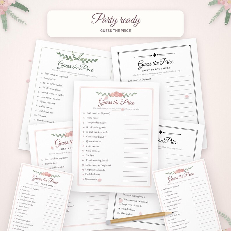 May include: A collection of printed party game sheets titled Guess the Price, featuring lists of household items like a stand mixer and air fryer, decorated with floral accents and paired with a wooden pencil for writing answers.