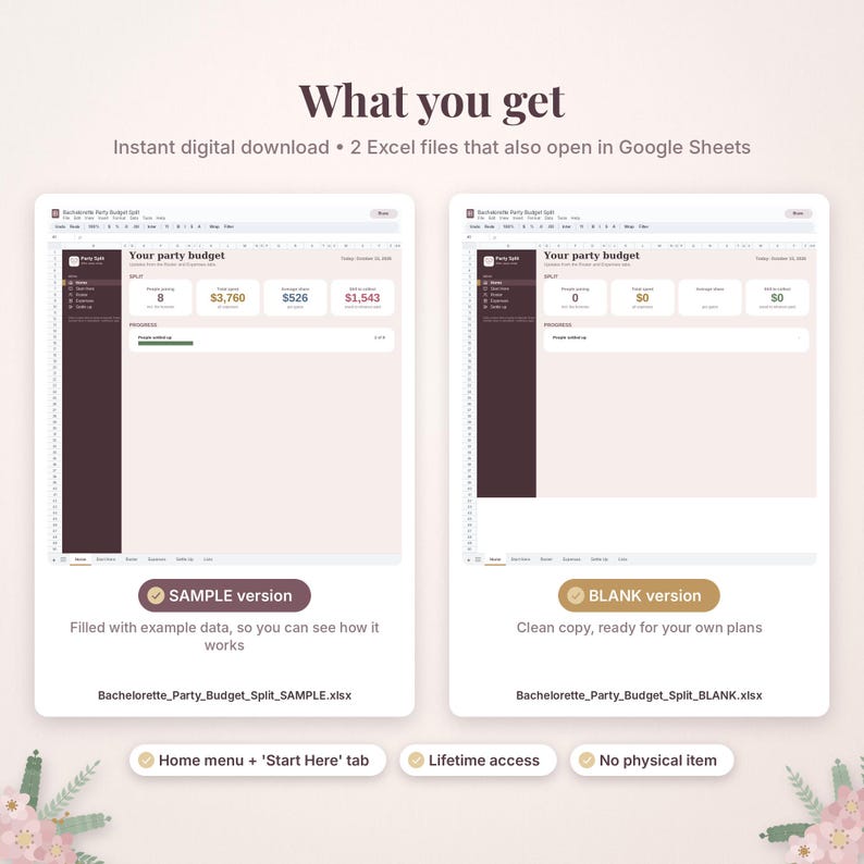 May include: Two digital spreadsheet templates for party budgeting, displayed as a sample version with data and a blank version. The interface includes a dashboard with summary boxes for total participants, costs, and averages, compatible with Excel and Google Sheets.