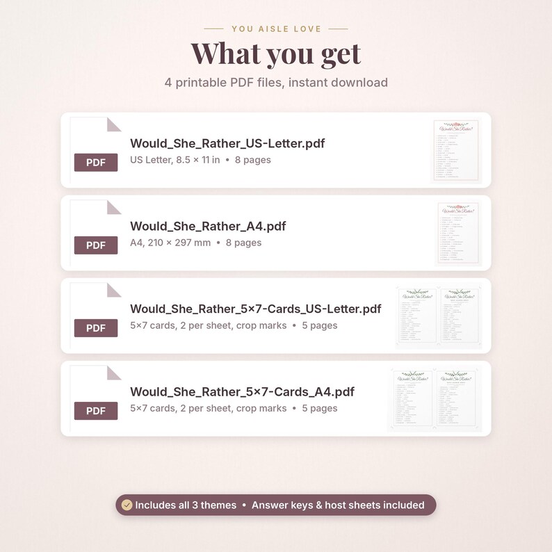 May include: Four printable PDF files for a Would She Rather game. Files include US Letter 8.5 x 11 inch and 5x7 card formats with crop marks. Text includes file names, page counts, and a note that answer keys and host sheets are included.
